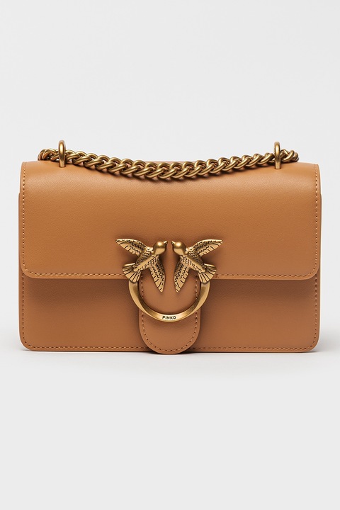 Pinko, Кожена чанта през рамо Love One Mini с метално лого, Карамел