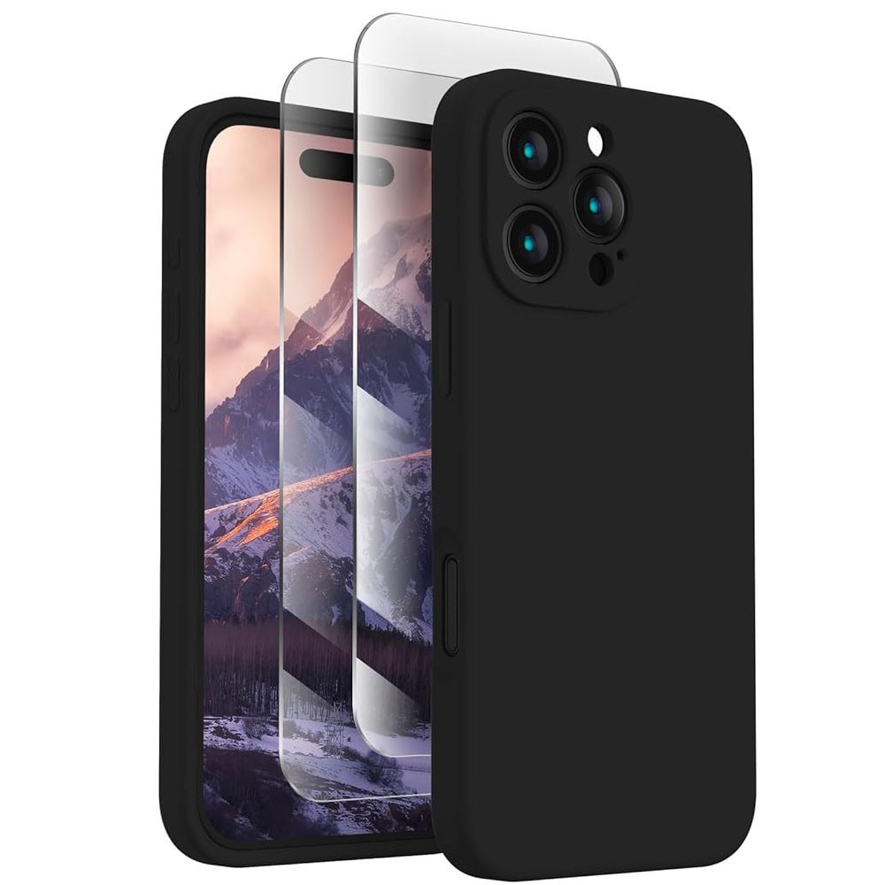 Husa pentru iphone 15 Pro, MingZhi®, Husa din silicon lichid, Husa pentru tot corpul, Pachet complet pentru lentile, Rezistent la socuri, Husa de telefon ultra subtire, Captuseala din microfibra moale rezistenta la zgarieturi, negru