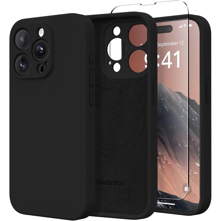 Husa pentru iphone 15 ProMax, MingZhi®, Husa din silicon lichid, Husa pentru tot corpul, Pachet complet pentru lentile, Rezistent la socuri, Husa de telefon ultra subtire, Captuseala din microfibra moale rezistenta la zgarieturi, negru