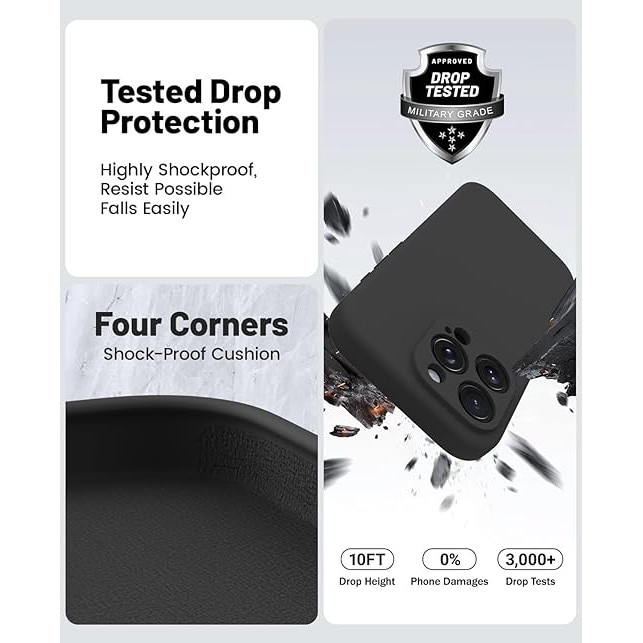 Husa pentru iphone 15 Pro, MingZhi®, Husa din silicon lichid, Husa pentru tot corpul, Pachet complet pentru lentile, Rezistent la socuri, Husa de telefon ultra subtire, Captuseala din microfibra moale rezistenta la zgarieturi, negru