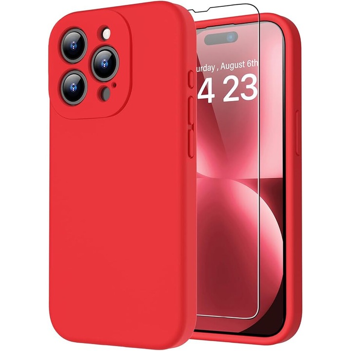 Калъф, Съвместим с iPhone 16 Pro Max, MingZhi®, Liquid Silicone, пълно покритие, пълен пакет с лещи, удароустойчив, ултратънък калъф за телефон, мека микрофибърна подплата против надраскване, червен