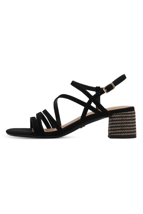 Tamaris, Sandale din piele cu toc masiv si barete multiple, Negru stins, 38