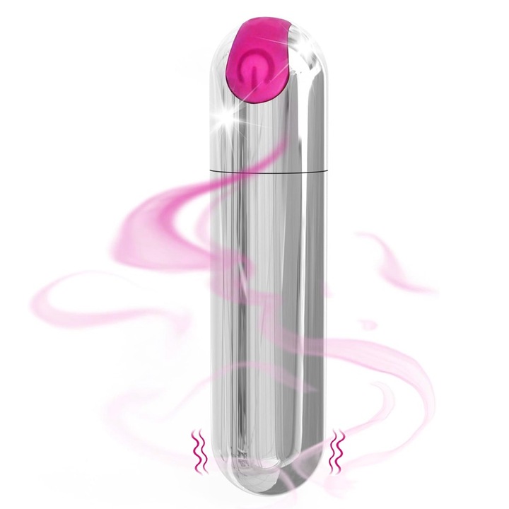 Дамски вибратор MingZhi, 10 режима на високочестотна вибрация, Тип куршум, Водоустойчив, Сребрист, Розово-червен бутон