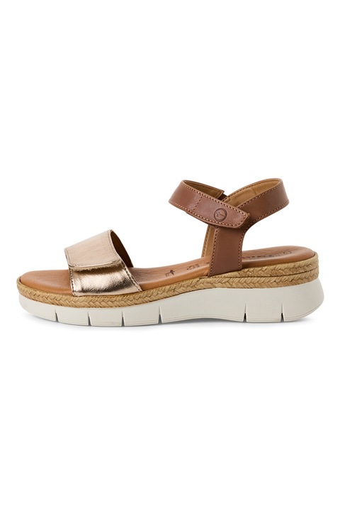 Tamaris, Sandale wedge de piele si piele ecologica, Auriu/Maro inchis