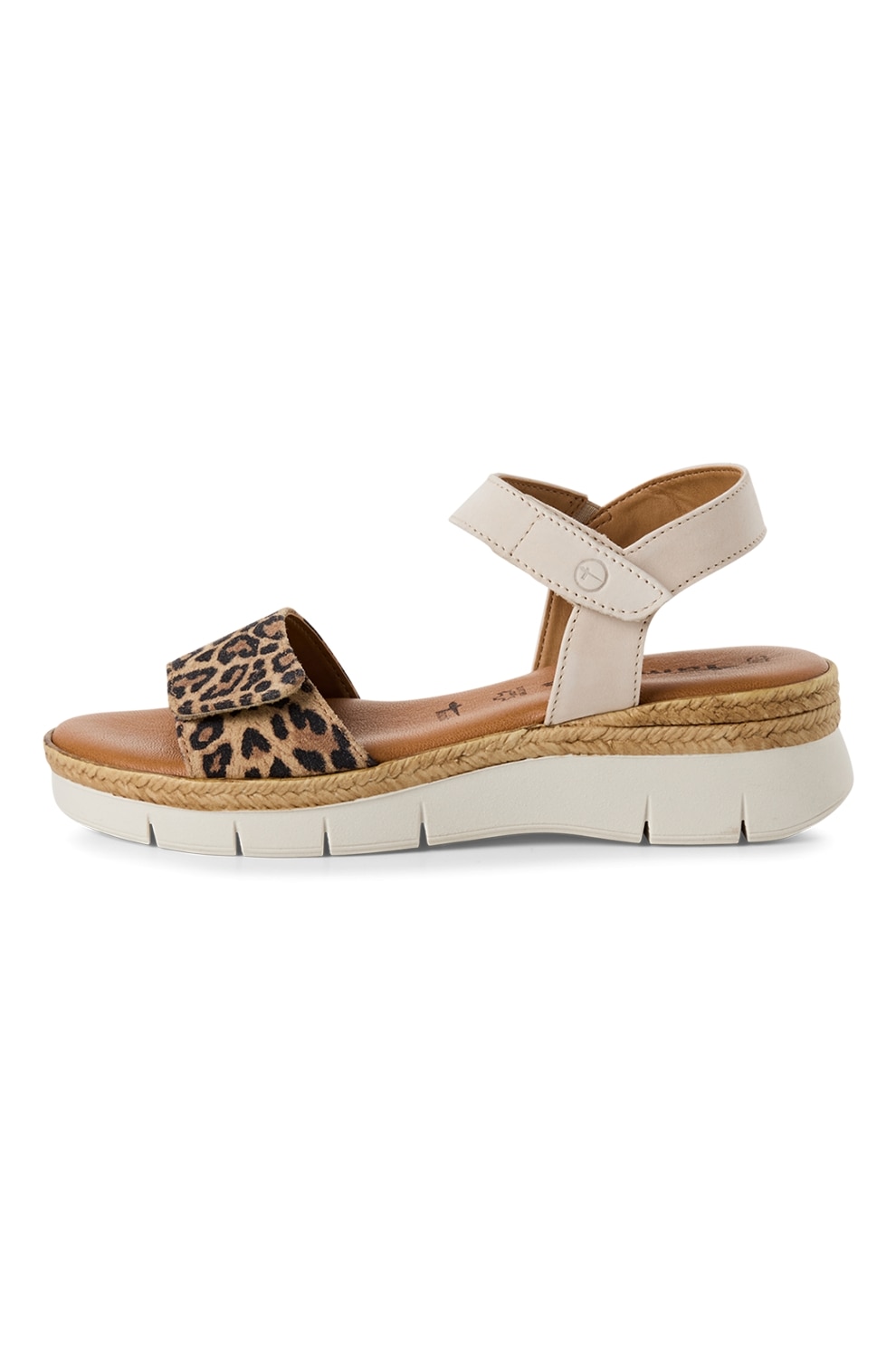 Tamaris, Sandale wedge de piele si piele ecologica, Maro inchis, Alb fildes, Maro, 37