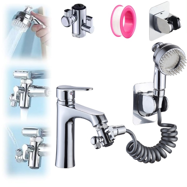 Adaptor Pentru Robinet de Baie si Bucatarie, Multifunctional, 3 Functii, Aerator, Extensie cu Rotire 360 de Grade si Reglare a Intensitatii Jetului de Apa, Dus cu Functie de Masaj, Argintiu