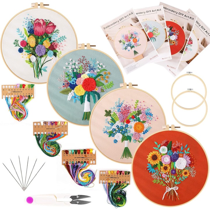 1 Kit de broderie floare pentru incepatori cu model si instructiuni, 4 pachet de cusaturi in cruce, 2 cercuri de broderie din lemn, fire si ace, Kit cu punct de ac pentru adulti