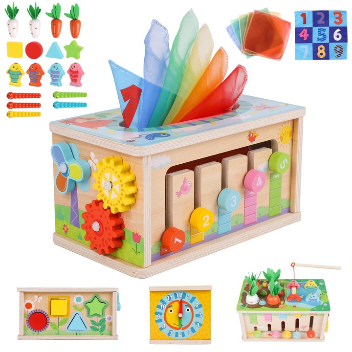 Jucarie interactiva pentru bebelusi, OVERTANG, set 6 in 1, cub motoric din lemn, 6-12 luni, multicolor