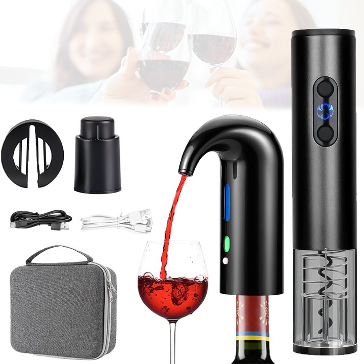 Set tirbuson electric reincarcabil, Negru Accesoriu taiat folie, reincarcabil USB, Dop vacuum, Decantor pentru vin, smart, Negru