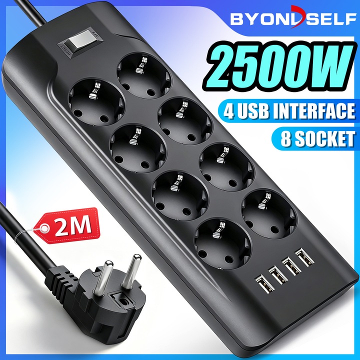 Prelungitor, BYONDSELF®, 2500W, 8 Prize, 4 USB A, 2 M, cu 4 Protectori de Priza, pentru Acasa Sau Birou, Negru