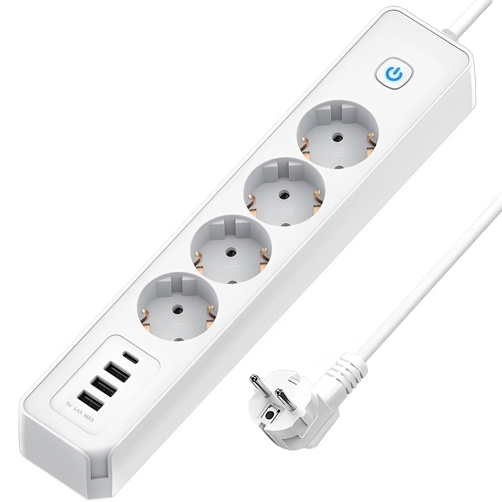 Разклонител BYONDSELF®, 3680 W, 3 USB A/1 USB C, 4 изхода, 1,8 M, подходящ за домашен офис, бял
