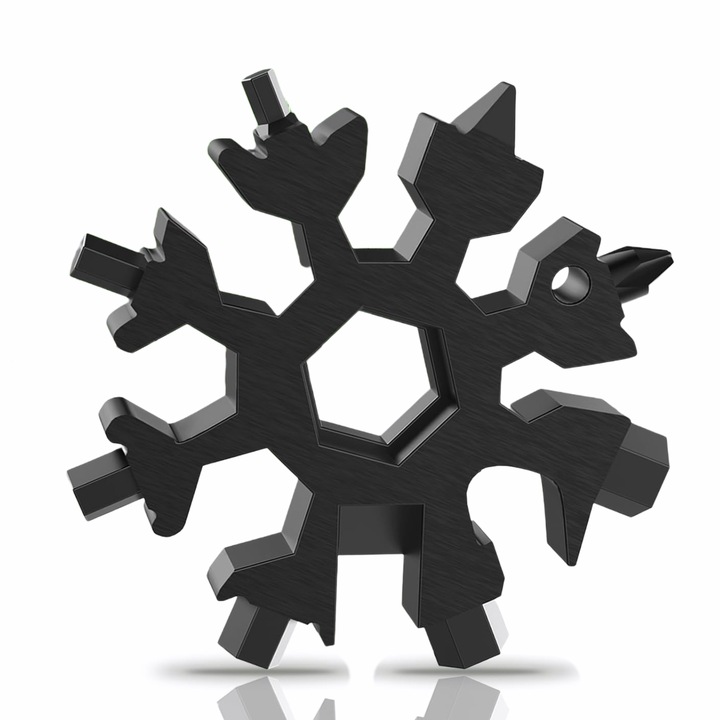 18 az 1-ben hópehely formájú többfunkciós szerszámkészlet, kulcstartó, hordozható rozsdamentes acél sörnyitó / lapos és Phillips csavarhúzó készlet / elektromos fúrókulcs, fekete