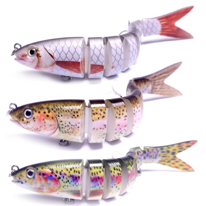Set 3 momeli pescuit la stiuca, somn, salau, voblere rapitor articulate, sinking, crankbait, jointed, 13.4cm, 18.5g, Multicolor
