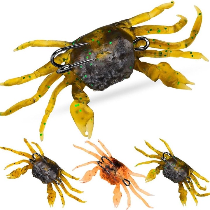 Set pescuit rapitor 3 piese, Momeli de crab din plastic moale, universal in toate apele, potrivit pentru prinderea de bas, biban galben, pastrav si somon, 13cm, multicolor