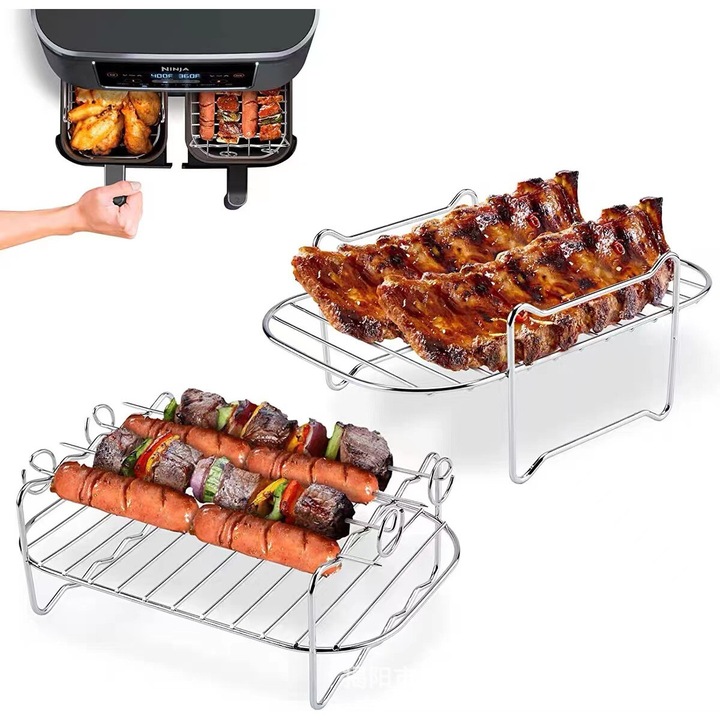 Set accesorii grill pentru friteuza cu aer, inox, Accesoriu pentru Airfryer, Suport pentru friteura cu aer 2 buc, Suport pentru gratar cu 4 frigarui, 13.5x20cm, 13x20cm