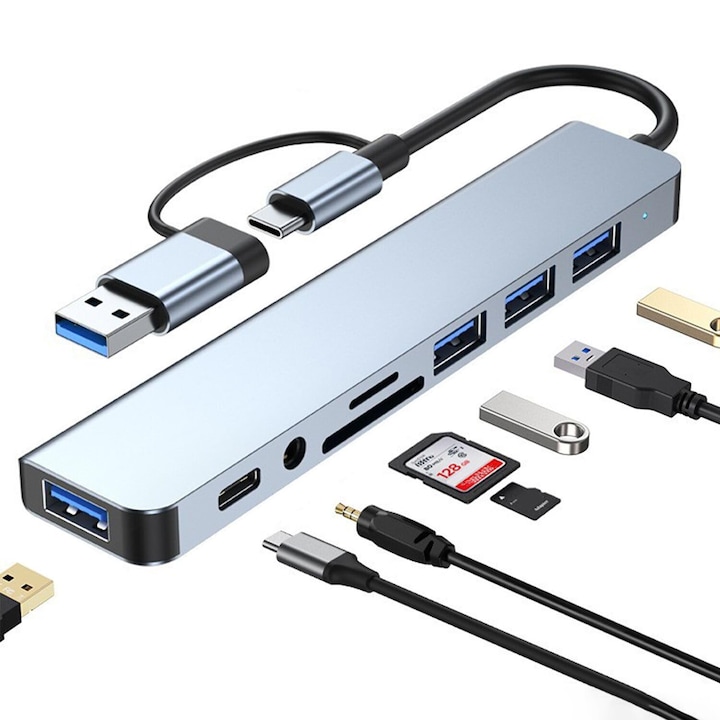 Адаптер Хъб USB Type-C 3.0 Multiport 8-in-1 - 3.5 mm Jack Audio, 3 x USB 2.0 Type-A, 1 x USB 3.0 Type-A, SD/TF Card Reader, 1 x USB 3.0 Type-C data, Докинг станция Лаптоп Apple MacBook Air/Pro, Lenovo, Dell, HP, Asus, Acer, Chromebook, Таблет, Сив