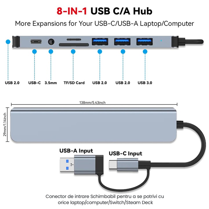 Адаптер Хъб USB Type-C 3.0 Multiport 8-in-1 - 3.5 mm Jack Audio, 3 x USB 2.0 Type-A, 1 x USB 3.0 Type-A, SD/TF Card Reader, 1 x USB 3.0 Type-C data, Докинг станция Лаптоп Apple MacBook Air/Pro, Lenovo, Dell, HP, Asus, Acer, Chromebook, Таблет, Сив
