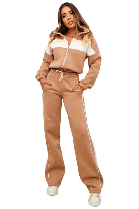Trening vatuit de dama HeLLena, pantaloni evazati si bluza, Bej