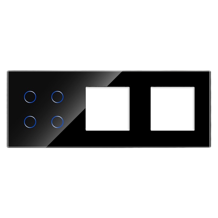 Panou Intrerupator Cvadruplu cu Touch si 2 Prize Simple Din Sticla LUXION, Negru