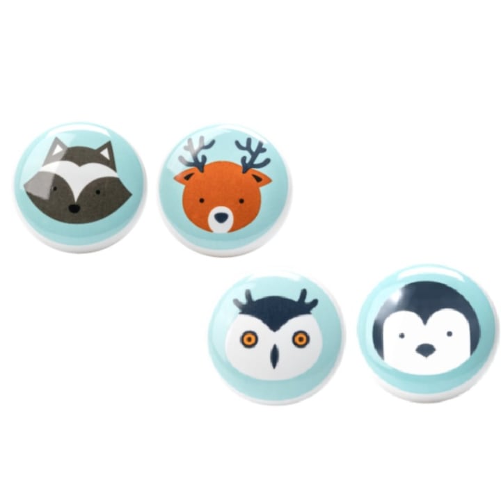 Butoane din ceramica pentru mobila, Manere pentru mobila, Buton din ceramica pentru sertar, Set 4 Maner tip buton, ceramica, Penguin, Owl, Fox, Bear, pentru dulapuri, dulapuri, sertare, dormitor, baie, mobilier, fara miros, albastru si alb