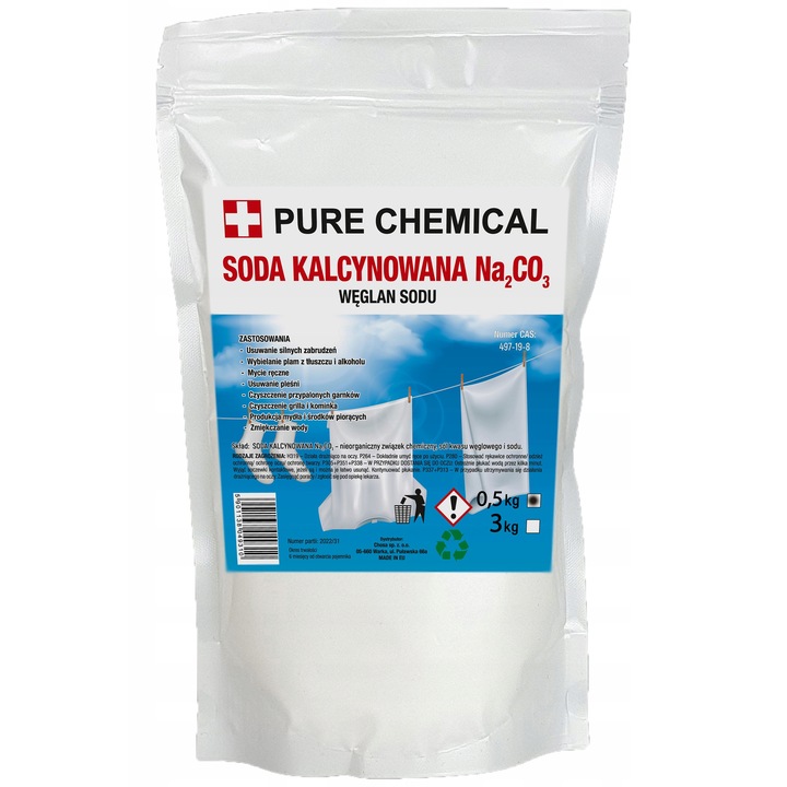 Soda Calcinata, Pure Chemical, Bicarbonat De Sodiu Pur, Fara Agenti Antiaglomeranti, Fara Aditivi, Sub Forma De Pulbere Cristalina Alba, Numar Cas 497-19-8, 500 Grame, Alb, 0.5 kg
