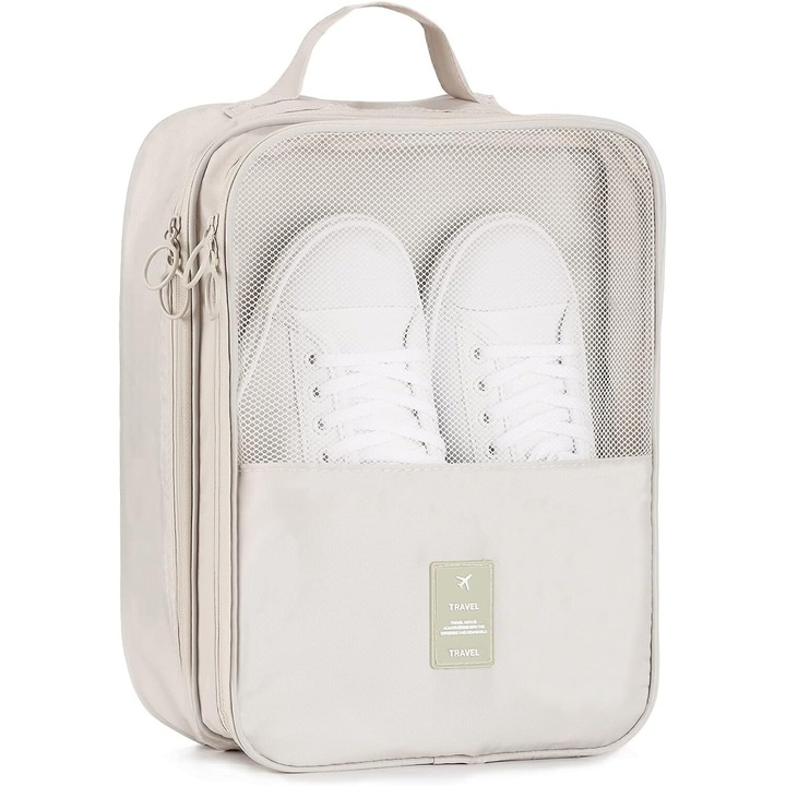 Geanta organizator pentru incaltaminte, awwaline, bej, 23 x 29 x 14 cm, cu fermoar, ideala pentru transport incaltaminte, spatiu depozitare pentru 3 perechi