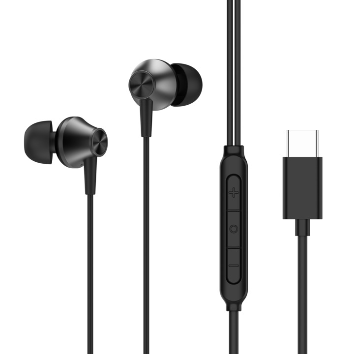 TRUSMI EP01-01 Fülbe helyezhető vezetékes fülhallgató mikrofonnal, távirányítóval a hangerőszabályozáshoz/hívásokhoz, plug & play digitális dekódoló HD mikrofonnal, univerzális kompatibilitás, USB-C csatlakozó, cinkötvözet ház, 1.2M, fekete