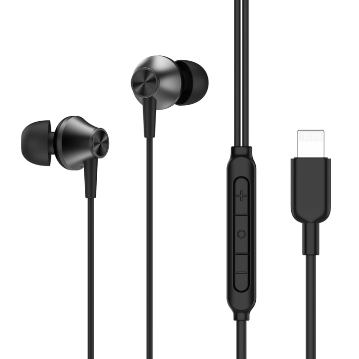 TRUSMI EP02-01 fülbe helyezhető vezetékes audio fejhallgató mikrofonnal, hangerő/hívás távirányító, Plug & Play HD mikrofonos digitális dekódolással, univerzális kompatibilitás, USB-Light csatlakozás, cinkötvözet ház, 1,2 M, fekete
