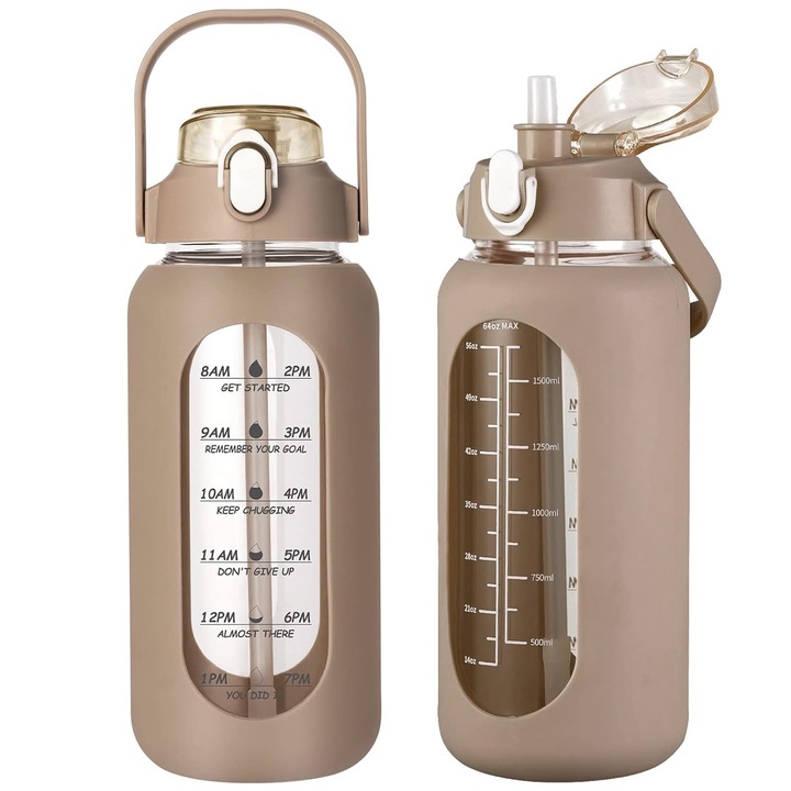 Стъклена бутилка за вода Wacorresi 64oz със сламен капак, маркер за време, дръжка, кафяв цвят