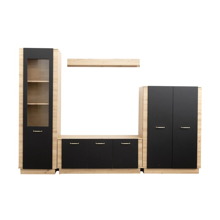 Living Expomob SOFIA Z.A., 4 corpuri, corp artisan, fronturi MDF artisan + negru, 290x39x198 cm