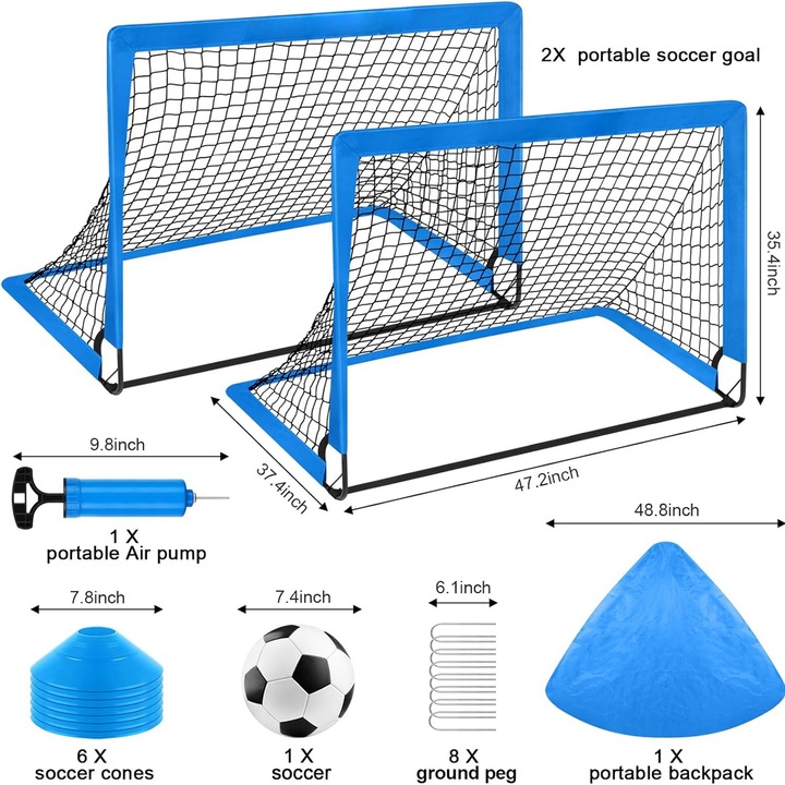 Set porti de fotbal pentru copii Morovan, 2 porti, minge de fotbal, echipament de antrenament portabil, pentru varste 3-16 ani