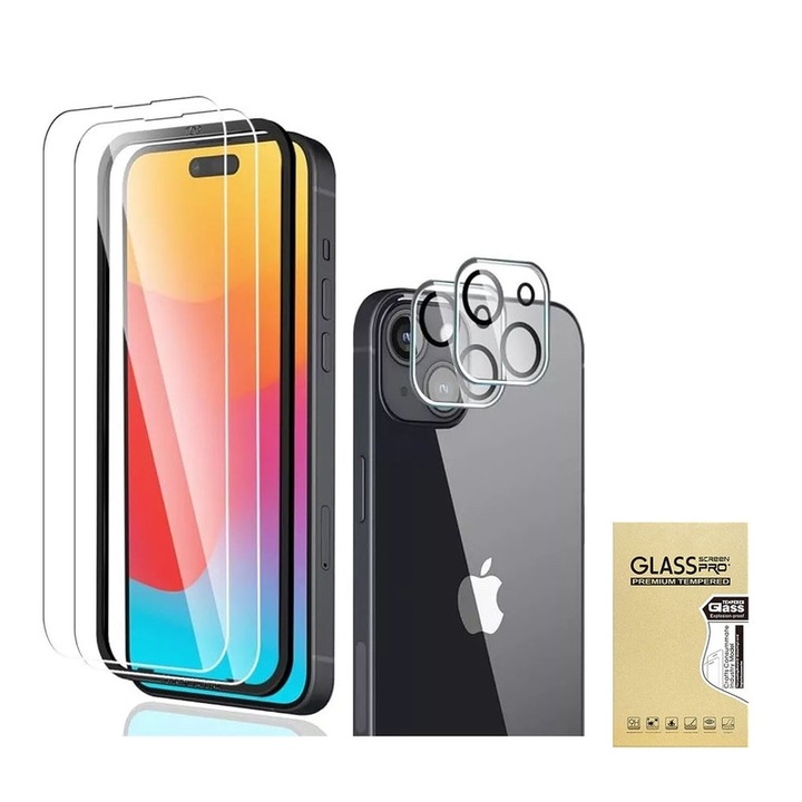 2 db edzett üveg képernyővédő szett iPhone 15-höz, átlátszó, 2 db kameravédő fólia