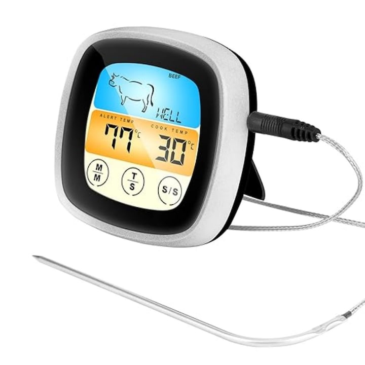 Цифров термометър за фурна за кухня / храна, LCD дисплей, използване в кухнята, температура на месото, 1 секунда отчитане, сонда от неръждаема стомана, таймер и аларма, магнитен, сензорен дисплей, сребрист