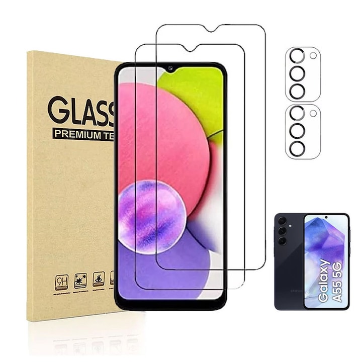 2 db edzett üveg képernyővédő fólia + 2 db lencsevédő készlet Samsung Galaxy A55 5G, 9H, átlátszó