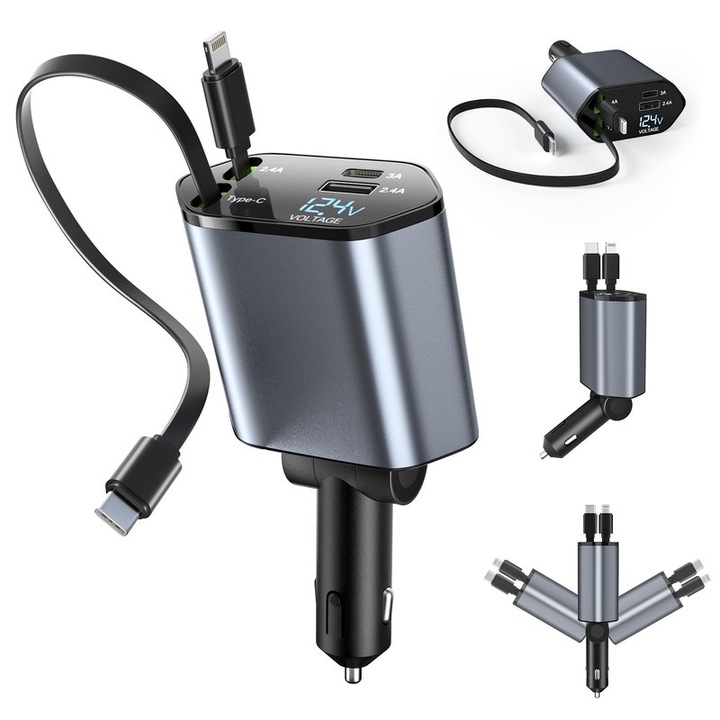 4 az 1-ben autós töltő, 66 W, ergonomikus kialakítás, visszahúzható Type-C és Apple kábelek, 139x65x34,5 mm, szürke-fekete