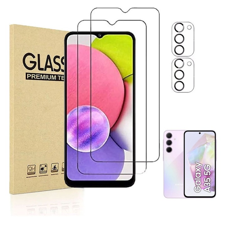 2 db edzett üveg képernyővédő fólia készlet Samsung Galaxy A35 5G/M35 5G, 9H telefonhoz, átlátszó, 2 db kameralencse fóliával