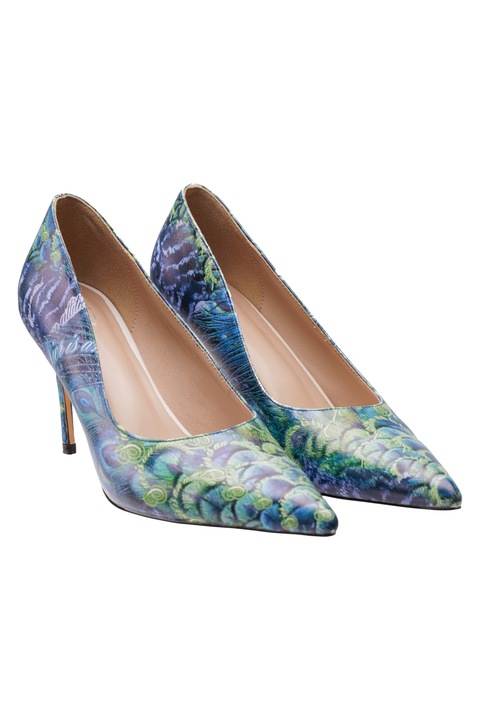 Pantofi, piershop, piele ecologica, imprimeu pier is a goddess, verde, toc 8 cm, 38