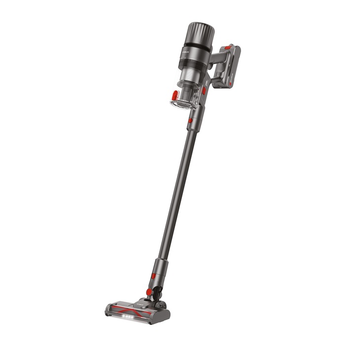 Samus Storm Air Force 2-в-1 безжична вертикална прахосмукачка, циклонен тип, 2 нива на мощност, 90 W всмукателна мощност, въртяща се моторизирана четка със светодиоди, сива