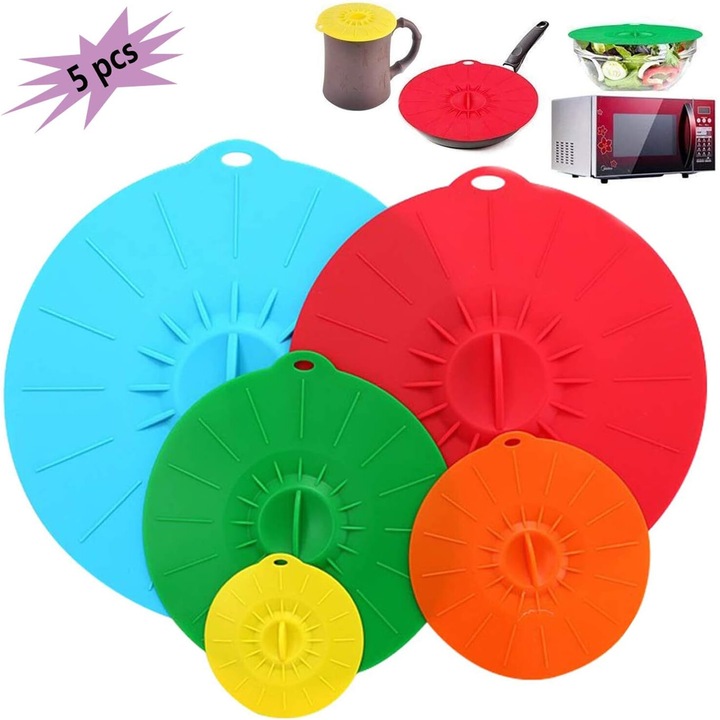 Set de 5 capace din silicon reutilizabile, pentru boluri, cani, conserve, BPA free, multicolor
