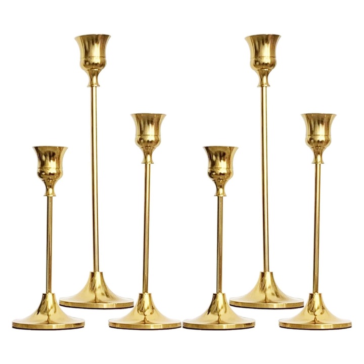 Set 6 Suporturi Lumanari, Hggzeg, Material metalic, Rezistent la caldura, Puternic si stabil, Vintage Modern Decorative Centerpiece, Design elegant, Pentru nunta, cina, petrecere, aniversare, 6.5x15cm, 6.5x19cm, 6.5x23.5cm, Auriu