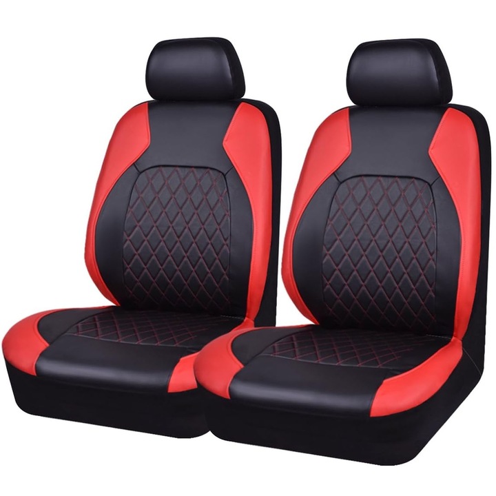 Set 4 Huse Scaune Auto, Hggzeg, Cu carlige, fermoare, Impermeabila, Constructie semi-inchisa, Compatibile cu airbag, Rabatabile, Pentru majoritatea masinilor camioane SUV-uri, PVC, 30 * 25 * 7cm, Negru/Rosu
