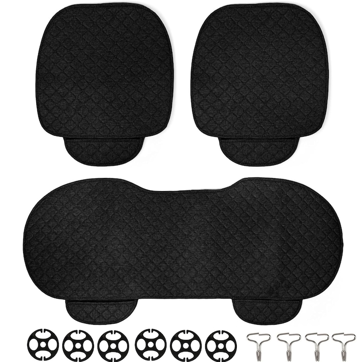 Hggzeg 3 db-os autósülés huzat készlet első és hátsó ülés, zsebekkel, mosható, csúszásgátló szilikon kivitel, steppelt hátsó ülésvédő, poliészter, 50 x 48 cm/133 x 50 cm, fekete