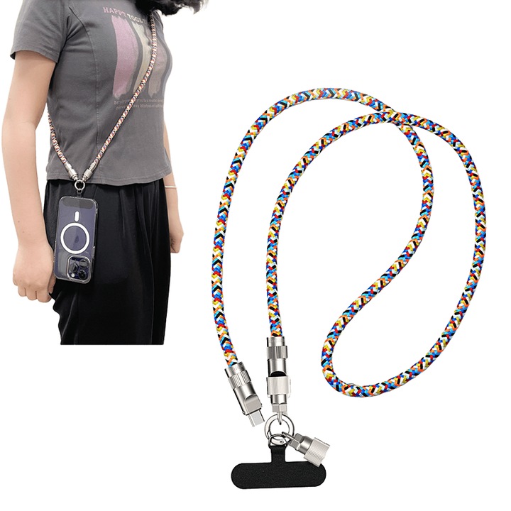 Cablu USB-C cu snur pentru telefon, 60W USB-C la USB-C, cablu de incarcare, curea crossbody impletita, cablu universal de incarcare USB-C, curea multifunctionala pentru iPhone 16 Pro Max, 15 Pro Max