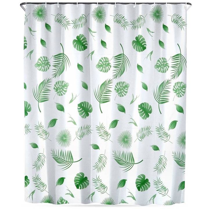 Perdea De Dus, Vilde, Material Peva De Inalta Calitate, Impermeabila, Instalare Usoara, 180 x 180 cm, Alba Cu Un Motiv Vegetal Verde