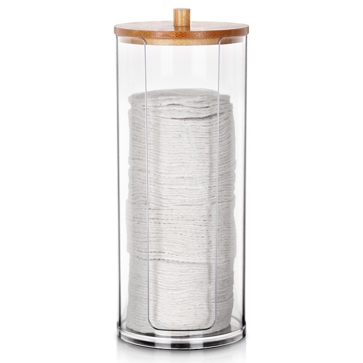 Kozmetikai tampon tartály, Vilde, bambusz fedél, divatos kivitel, könnyen utántölthető, 7x18 cm, átlátszó