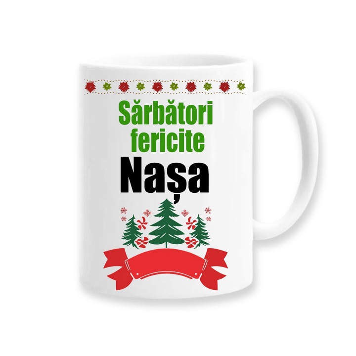 Cana personalizata pentru Nasa cu mesaj: Sarbatori Fericite Nasa, model verde, Betaprint, 330ml, alba, ceramica