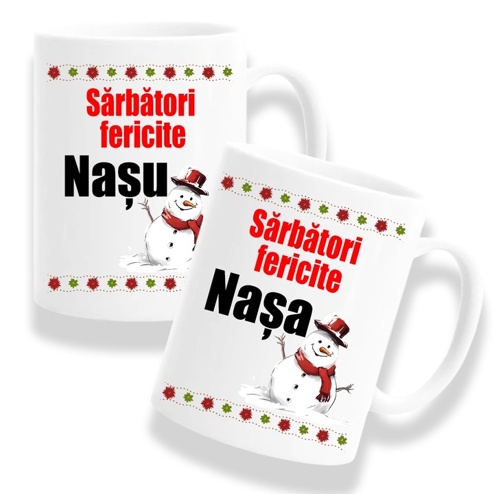 Set 2 Cani Personalizate Craciun pentru nasi cu mesaj:"Sarbatori fericite Nasu/Nasa", Model Om Zapada, Betaprint, 330ml, ceramica, alb