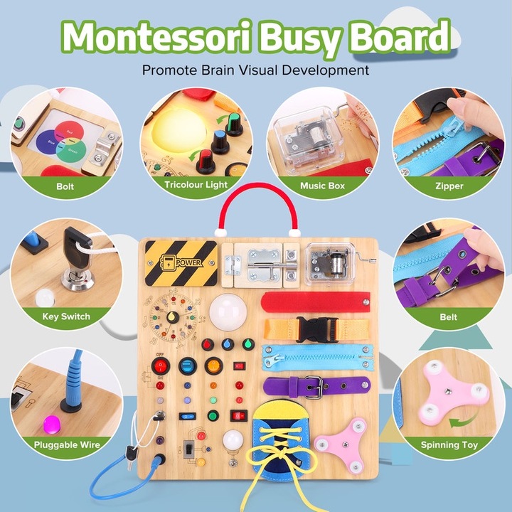 Montessori oktatótábla Konijiwa, LED kapcsolókkal, zenedoboz, 29,5x29,5x6cm