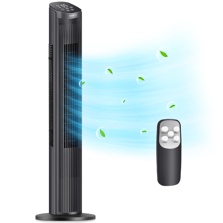 Ventilator Turn, SHAWTY, G5492GR, Vant Natural/Adormit/Normal, Oscilatie Larga, 5 Viteze, 55W, Control Touch, Timer, Display LED, Telecomanda, H 100cm, Negru