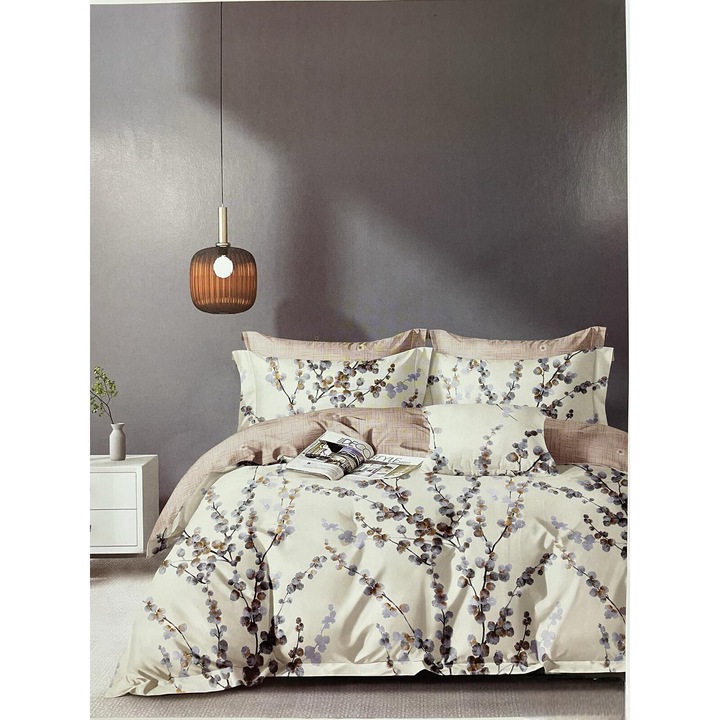 Set Lenjerie de pat dublu, 2 persoane, East Confort, Bumbac, 6 Piese, Cearceaf de pat 230 x 250 cm, Cearceaf pilota 200 x 230 cm, 2 fete de perna 70 x 70 cm, 2 fete de perna 55 x 80 cm, Cream, Bej